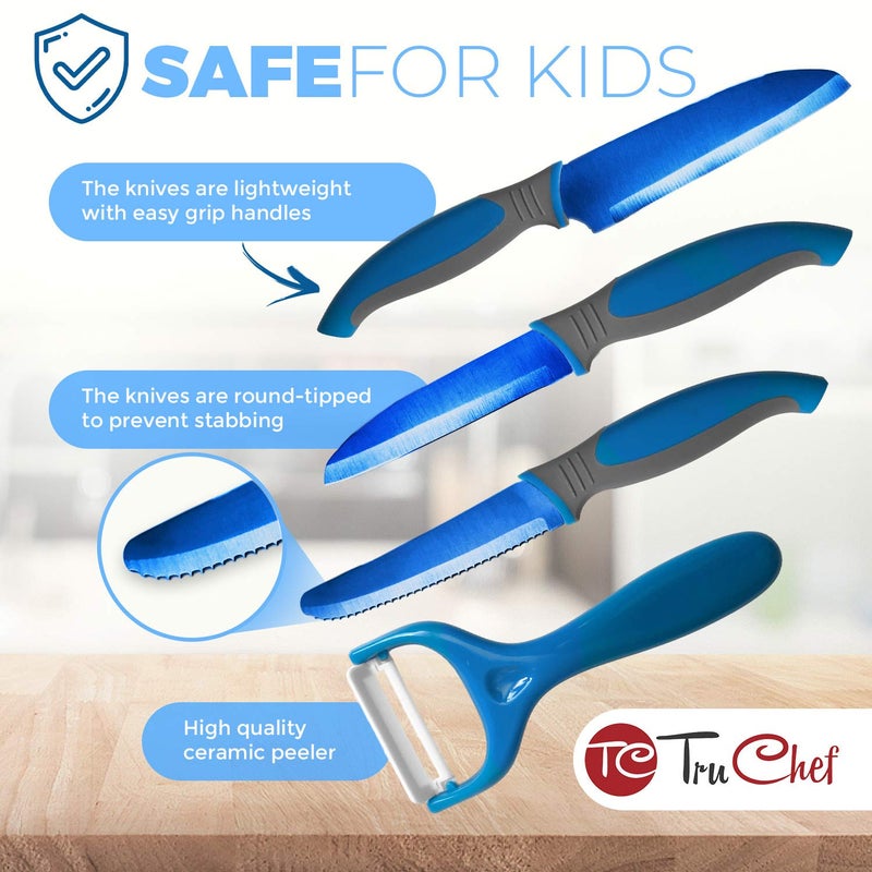 TruChef 5-Piece Kids Knife Set | Real Stainless Steel Cooking Knives with Peeler, Serrated Blade & Storage Stand | Safe, Easy-Grip Design â€“ Fun Junior Chef Set for Boys & Girls (5 pcs, Blue) - Image 3